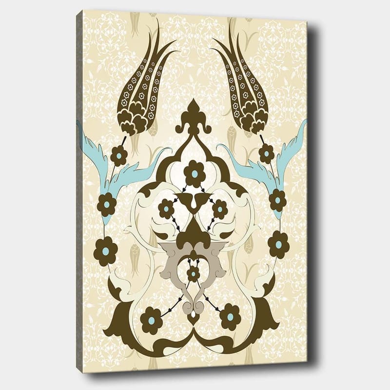 Canvas taulu 70x100 cm - Abstrakti kuvio kukilla ja kasviaiheilla elegantissa muotoilussa, Tummanruskea / Vaaleansininen / Beige