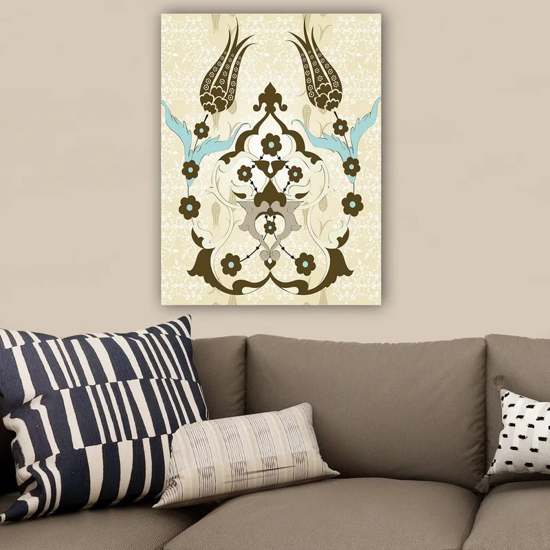 Canvas taulu 70x100 cm - Abstrakti kuvio kukilla ja kasviaiheilla elegantissa muotoilussa - Tummanruskea / Vaaleansininen / Beige - Sisustustuotteet - Taulu & taide - Canvas-taulu