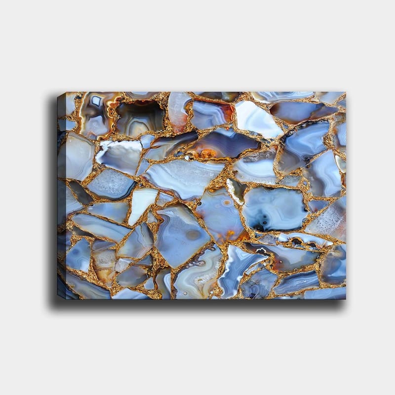 Canvas taulu 70x100 cm - Abstrakti kuvio sinisistä ja kultaisista akaateista, Sininen / Kultainen / Valkoinen