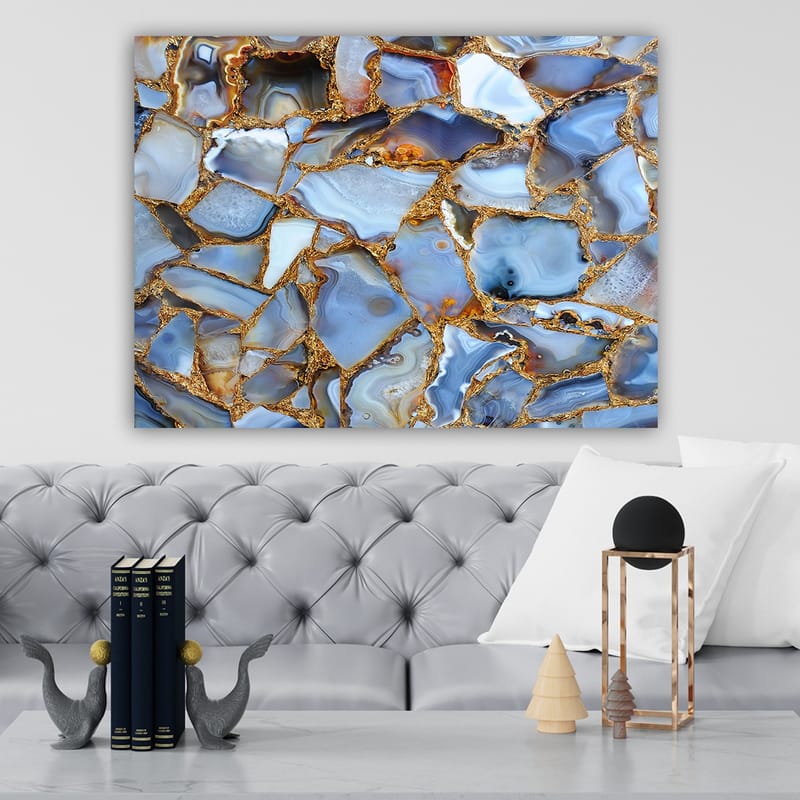 Canvas taulu 70x100 cm - Abstrakti kuvio sinisistä ja kultaisista akaateista - Sininen / Kultainen / Valkoinen - Sisustustuotteet - Taulu & taide - Canvas-taulu