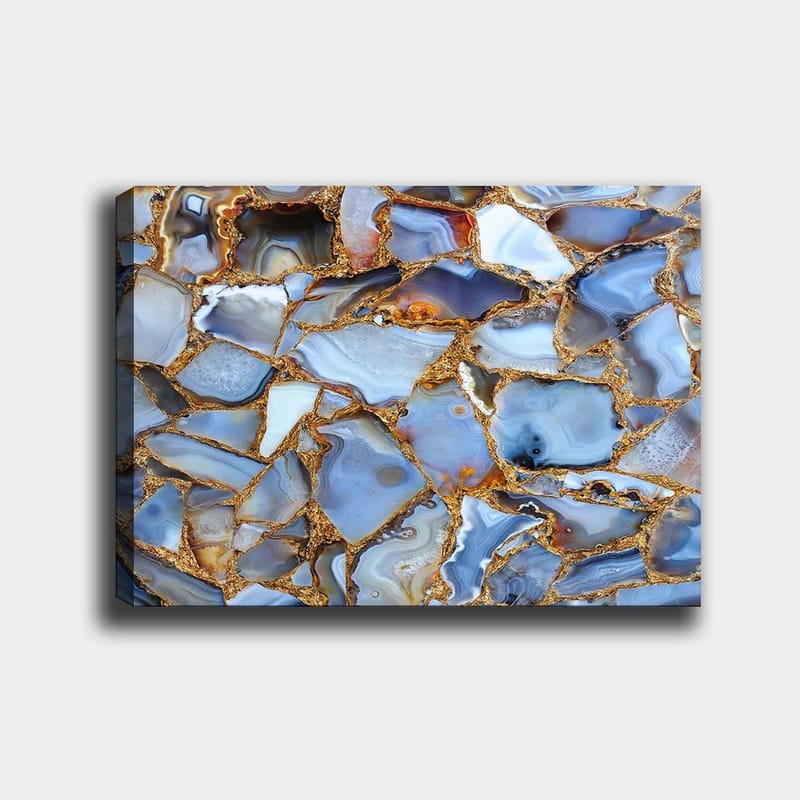 Canvas taulu 70x100 cm - Abstrakti kuvio sinisistä ja kultaisista akaateista, Sininen / Kultainen / Valkoinen