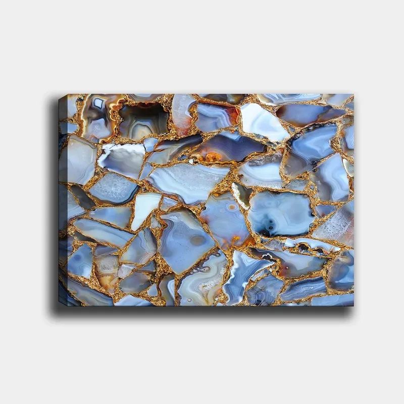 Canvas taulu 70x100 cm - Abstrakti kuvio sinisistä ja kultaisista akaateista, Sininen / Kultainen / Valkoinen