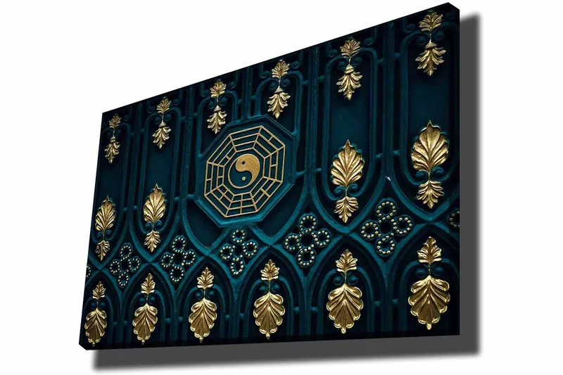 Canvas taulu 70x100 cm - Abstrakti kuvio yin-yang-symbolilla ja koriste-elementeillä kultaisen ja sinisen sävyissä - Tummansininen / Kulta - Sisustustuotteet - Taulu & taide - Canvas-taulu