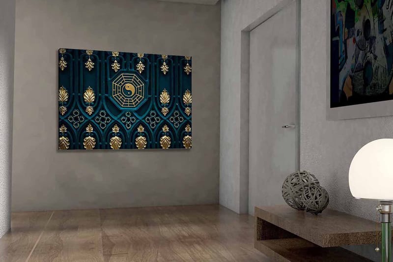 Canvas taulu 70x100 cm - Abstrakti kuvio yin-yang-symbolilla ja koriste-elementeillä kultaisen ja sinisen sävyissä, Tummansininen / Kulta