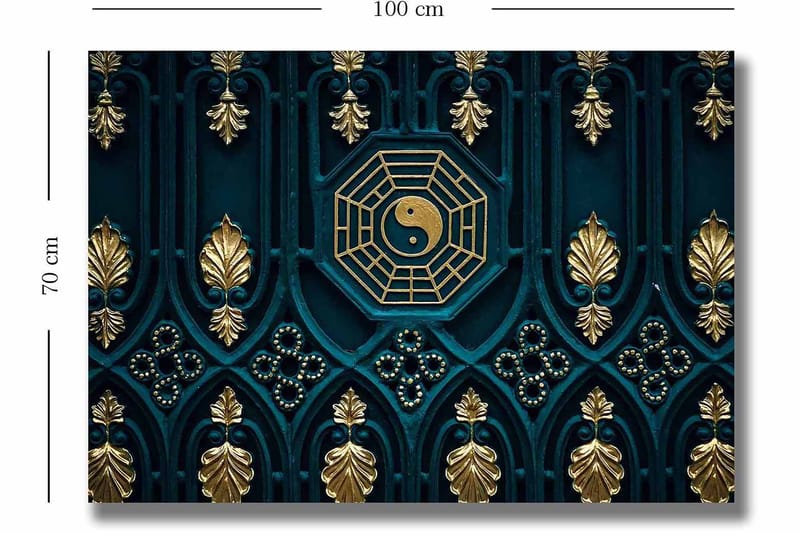 Canvas taulu 70x100 cm - Abstrakti kuvio yin-yang-symbolilla ja koriste-elementeillä kultaisen ja sinisen sävyissä - Tummansininen / Kulta - Sisustustuotteet - Taulu & taide - Canvas-taulu