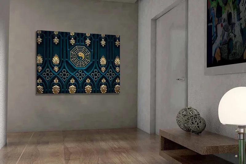 Canvas taulu 70x100 cm - Abstrakti kuvio yin-yang-symbolilla ja koriste-elementeillä kultaisen ja sinisen sävyissä, Tummansininen / Kulta