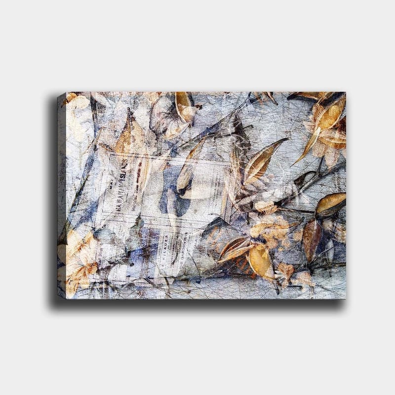 Canvas taulu 70x100 cm - Abstrakti lehtien ja sanomalehden sommitelma, joka luo luonnon ja ajan kulumisen tunnelman, Harmaa / Beige / Ruskea