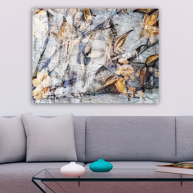 Canvas taulu 70x100 cm - Abstrakti lehtien ja sanomalehden sommitelma, joka luo luonnon ja ajan kulumisen tunnelman - Harmaa / Beige / Ruskea - Sisustustuotteet - Taulu & taide - Canvas-taulu