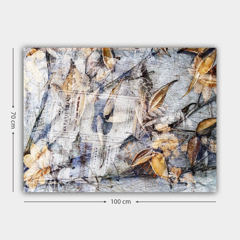Canvas taulu 70x100 cm - Abstrakti lehtien ja sanomalehden sommitelma, joka luo luonnon ja ajan kulumisen tunnelman - Harmaa / Beige / Ruskea - Sisustustuotteet - Taulu & taide - Canvas-taulu