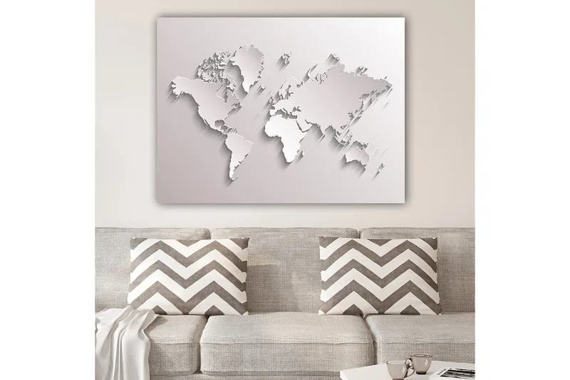 Canvas taulu 70x100 cm - Abstrakti maailmankartta veistoksellisessa tyylissä, Valkoinen / Vaaleanharmaa