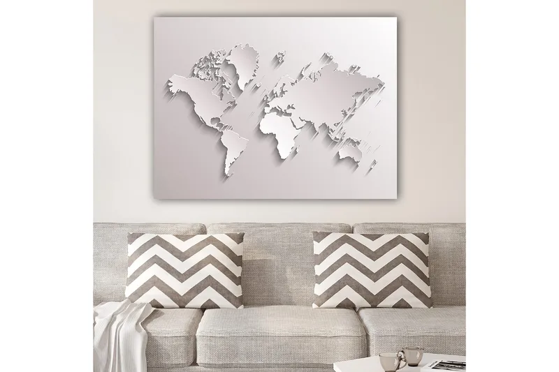 Canvas taulu 70x100 cm - Abstrakti maailmankartta veistoksellisessa tyylissä, Valkoinen / Vaaleanharmaa
