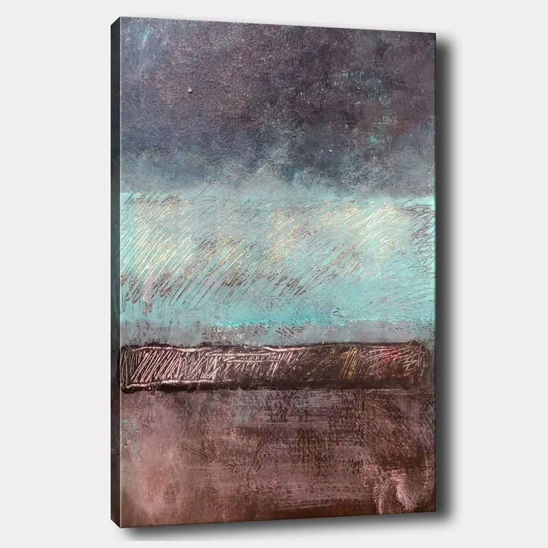 Canvas taulu 70x100 cm - Abstrakti maisema ja horisontti hillityissä väreissä, Turkoosi / Tummanruskea / Harmaa