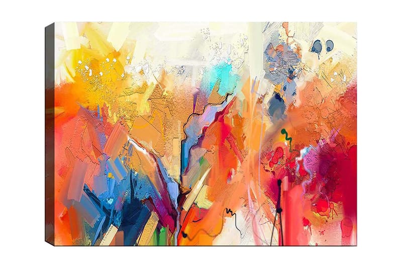 Canvas taulu 70x100 cm - Abstrakti maisema värikkäillä muodoilla ja dynaamisilla viivoilla, Oranssi / Keltainen / Sininen