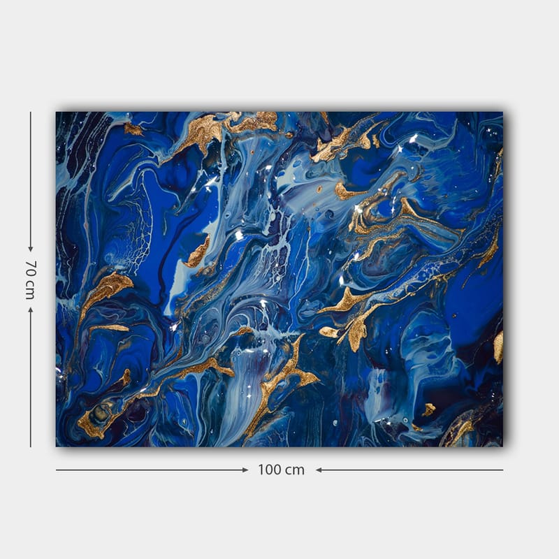 Canvas taulu 70x100 cm - Abstrakti meriaihe pyörteilevillä sinisillä sävyillä ja kultaisilla vivahteilla - Tummansininen / Vaaleansininen / Kulta - Sisustustuotteet - Taulu & taide - Canvas-taulu