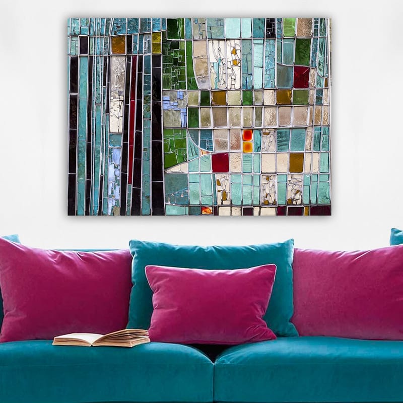 Canvas taulu 70x100 cm - Abstrakti mosaiikki geometrisilla muodoilla eri vihreän ja sinisen sävyissä - Turkoosi / Vihreä / Punainen - Sisustustuotteet - Taulu & taide - Canvas-taulu