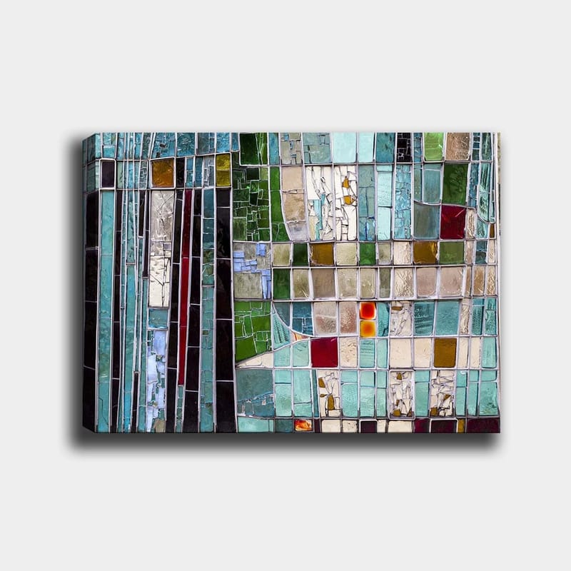 Canvas taulu 70x100 cm - Abstrakti mosaiikki geometrisilla muodoilla eri vihreän ja sinisen sävyissä, Turkoosi / Vihreä / Punainen