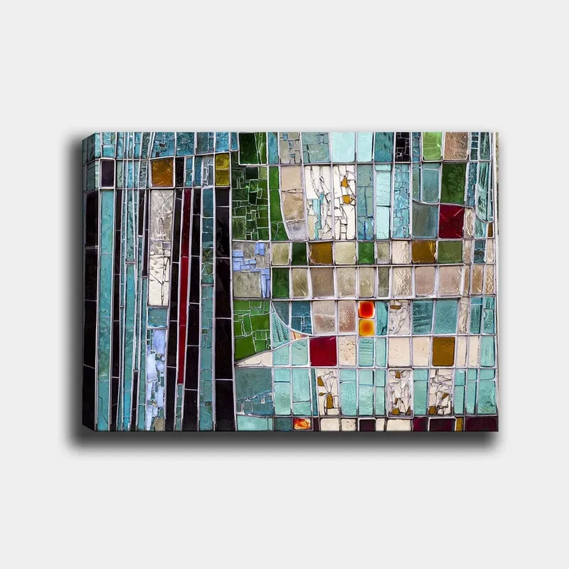 Canvas taulu 70x100 cm - Abstrakti mosaiikki geometrisilla muodoilla eri vihreän ja sinisen sävyissä, Turkoosi / Vihreä / Punainen