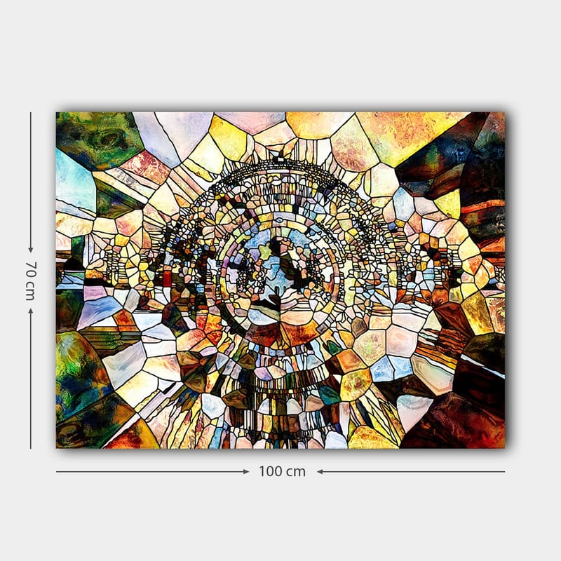 Canvas taulu 70x100 cm - Abstrakti mosaiikkikuvio pyöreillä ja geometrisilla muodoilla, jotka luovat syvyyden ja liikkeen tunteen - Kulta / Ruskea / Sininen - Sisustustuotteet - Taulu & taide - Canvas-taulu