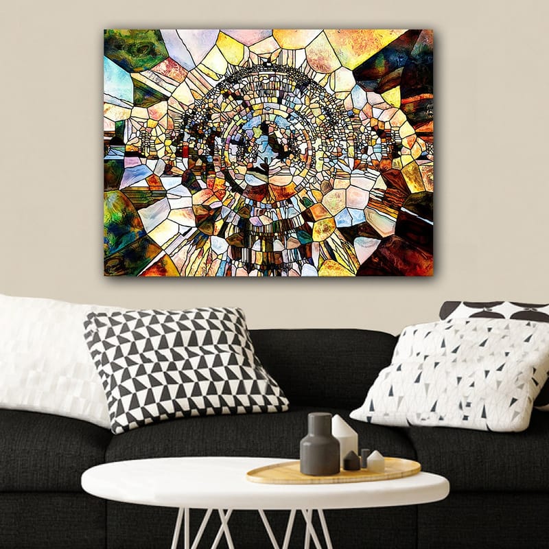 Canvas taulu 70x100 cm - Abstrakti mosaiikkikuvio pyöreillä ja geometrisilla muodoilla, jotka luovat syvyyden ja liikkeen tunteen - Kulta / Ruskea / Sininen - Sisustustuotteet - Taulu & taide - Canvas-taulu