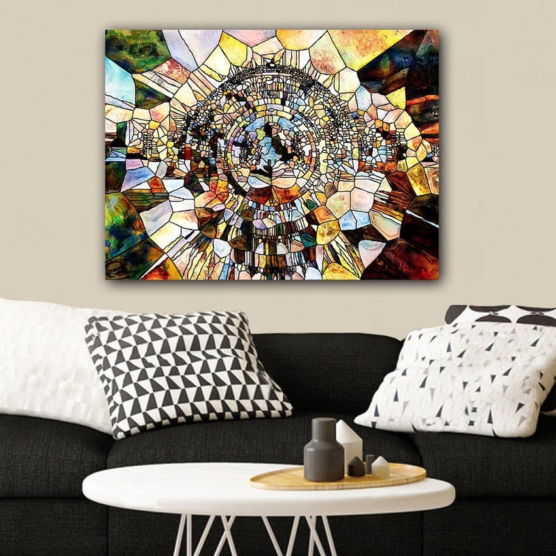 Canvas taulu 70x100 cm - Abstrakti mosaiikkikuvio pyöreillä ja geometrisilla muodoilla, jotka luovat syvyyden ja liikkeen tunteen - Kulta / Ruskea / Sininen - Sisustustuotteet - Taulu & taide - Canvas-taulu