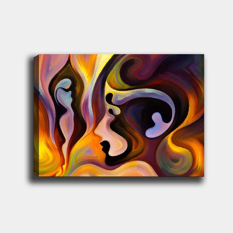 Canvas taulu 70x100 cm - Abstrakti muotokuva, jossa yhdistyvät kasvonmuodot ja värit, jotka ilmaisevat tunteita, Tummanvioletti / Oranssi / Vaaleansininen