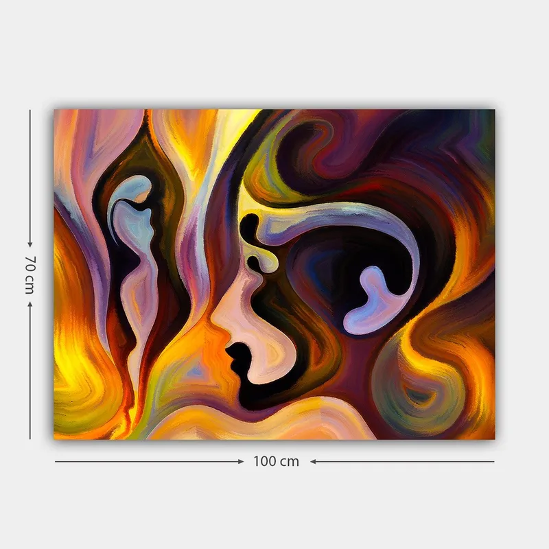 Canvas taulu 70x100 cm - Abstrakti muotokuva, jossa yhdistyvät kasvonmuodot ja värit, jotka ilmaisevat tunteita - Tummanvioletti / Oranssi / Vaaleansininen - Sisustustuotteet - Taulu & taide - Canvas-taulu