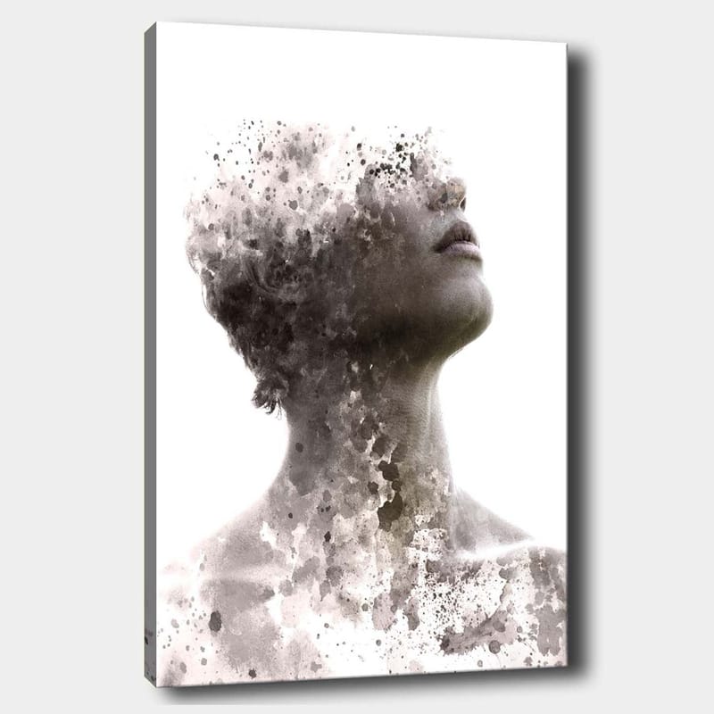 Canvas taulu 70x100 cm - Abstrakti muotokuva ihmisestä, jossa kasvot katoavat vähitellen värien ja muotojen sumuun, Harmaa / Musta / Valkoinen