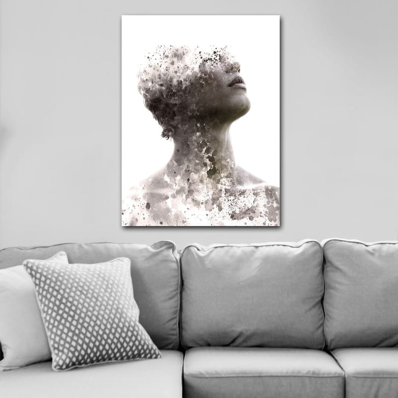 Canvas taulu 70x100 cm - Abstrakti muotokuva ihmisestä, jossa kasvot katoavat vähitellen värien ja muotojen sumuun - Harmaa / Musta / Valkoinen - Sisustustuotteet - Taulu & taide - Canvas-taulu