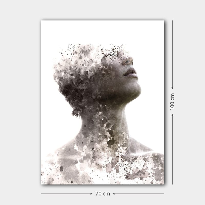 Canvas taulu 70x100 cm - Abstrakti muotokuva ihmisestä, jossa kasvot katoavat vähitellen värien ja muotojen sumuun - Harmaa / Musta / Valkoinen - Sisustustuotteet - Taulu & taide - Canvas-taulu