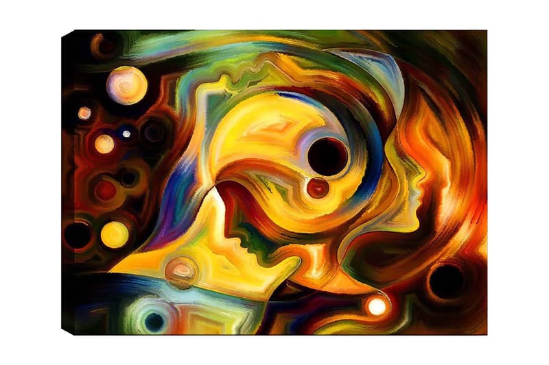 Canvas taulu 70x100 cm - Abstrakti muotokuva kahdesta kasvosta yhdistettynä värikkääseen sommitelmaan, Kulta / Punainen / Musta