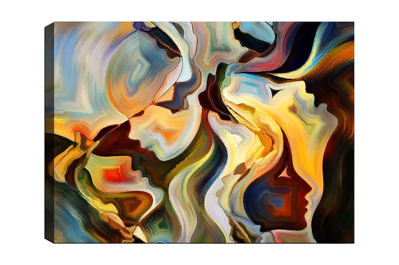 Canvas taulu 70x100 cm - Abstrakti muotokuva kasvoista, jotka sulautuvat dynaamiseksi sommitelmaksi, Kulta / Tummanvihreä / Punainen