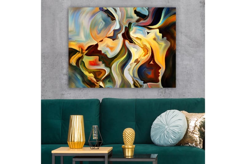 Canvas taulu 70x100 cm - Abstrakti muotokuva kasvoista, jotka sulautuvat dynaamiseksi sommitelmaksi - Kulta / Tummanvihreä / Punainen - Sisustustuotteet - Taulu & taide - Canvas-taulu