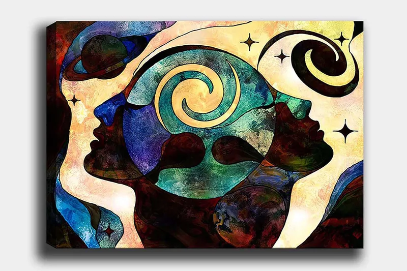 Canvas taulu 70x100 cm - Abstrakti muotokuva kasvoista spiraalimaisilla kuvioilla, jotka symboloivat ajatuksia ja tunteita, Tummansininen / Vihreä / Ruskea