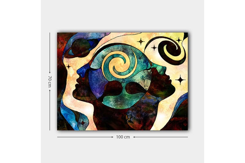 Canvas taulu 70x100 cm - Abstrakti muotokuva kasvoista spiraalimaisilla kuvioilla, jotka symboloivat ajatuksia ja tunteita - Tummansininen / Vihreä / Ruskea - Sisustustuotteet - Taulu & taide - Canvas-taulu