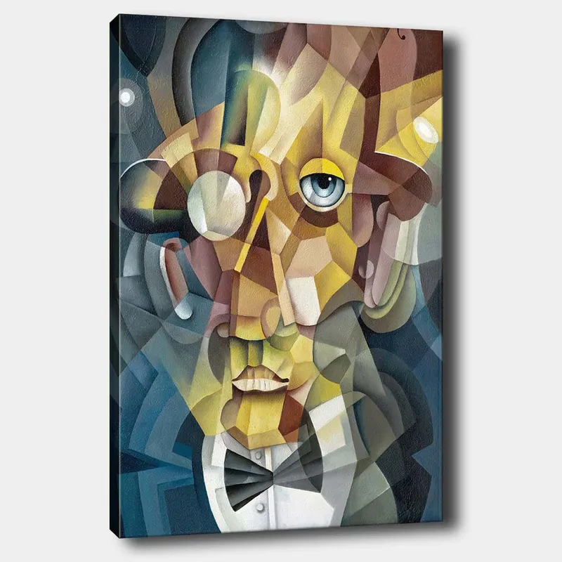 Canvas taulu 70x100 cm - Abstrakti muotokuva miehestä, jolla on elegantti puku ja ilmeikäs ilme, Kulta / Sininen / Beige