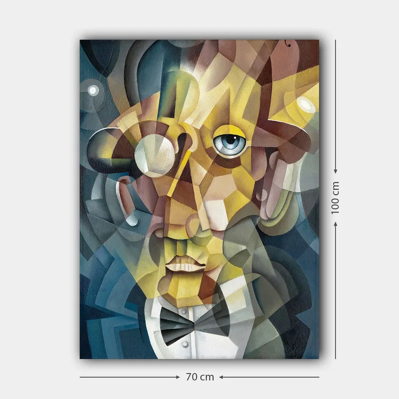 Canvas taulu 70x100 cm - Abstrakti muotokuva miehestä, jolla on elegantti puku ja ilmeikäs ilme - Kulta / Sininen / Beige - Sisustustuotteet - Taulu & taide - Canvas-taulu