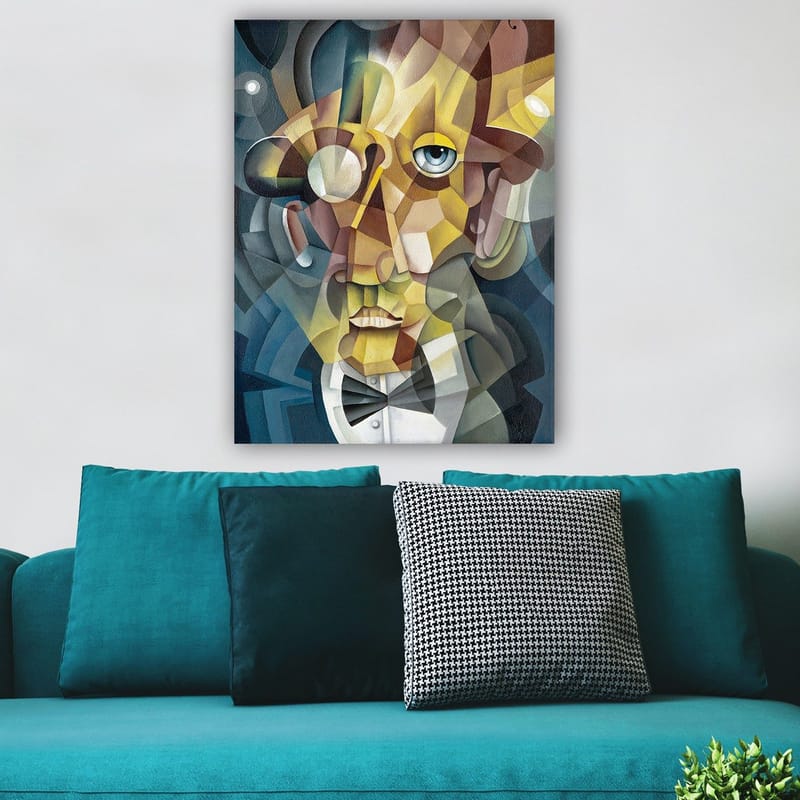 Canvas taulu 70x100 cm - Abstrakti muotokuva miehestä, jolla on elegantti puku ja ilmeikäs ilme - Kulta / Sininen / Beige - Sisustustuotteet - Taulu & taide - Canvas-taulu