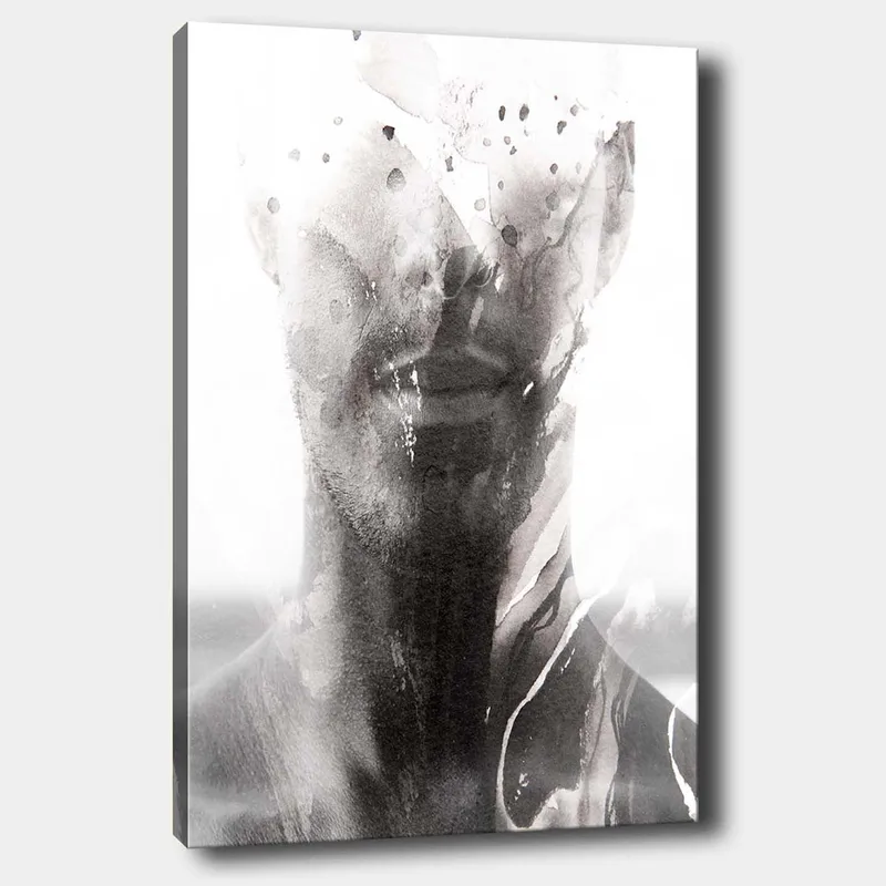 Canvas taulu 70x100 cm - Abstrakti muotokuva miehestä, jonka sumeat ja virtaavat linjat luovat unenomaisen tunnelman, Musta / Harmaa / Valkoinen