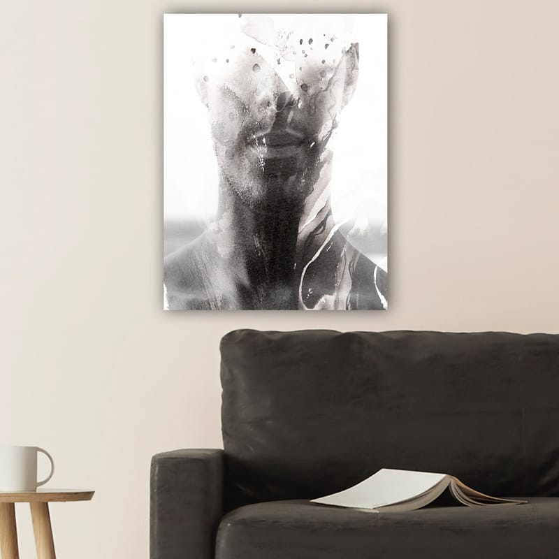 Canvas taulu 70x100 cm - Abstrakti muotokuva miehestä, jonka sumeat ja virtaavat linjat luovat unenomaisen tunnelman - Musta / Harmaa / Valkoinen - Sisustustuotteet - Taulu & taide - Canvas-taulu