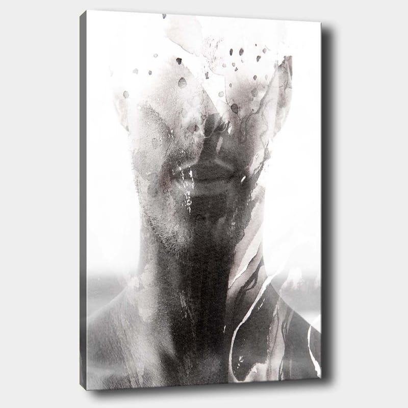 Canvas taulu 70x100 cm - Abstrakti muotokuva miehestä, jonka sumeat ja virtaavat linjat luovat unenomaisen tunnelman, Musta / Harmaa / Valkoinen