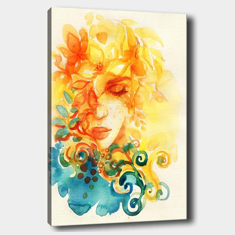 Canvas taulu 70x100 cm - Abstrakti muotokuva naisesta, jolla on keltaisia ja oransseja kukkia ja lehtiä - Keltainen / Oranssi / Sininen - Sisustustuotteet - Taulu & taide - Canvas-taulu