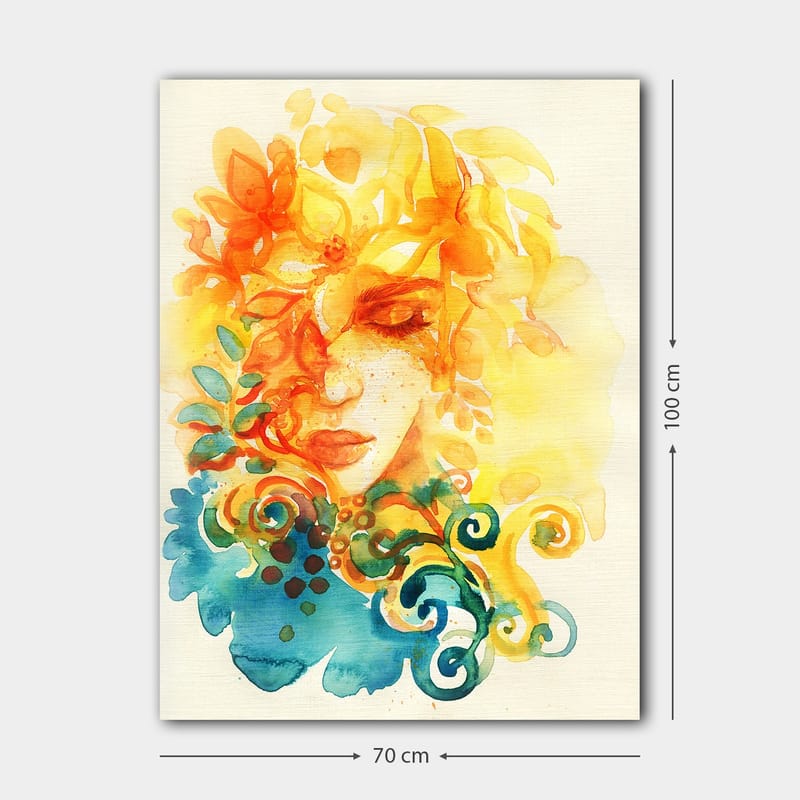 Canvas taulu 70x100 cm - Abstrakti muotokuva naisesta, jolla on keltaisia ja oransseja kukkia ja lehtiä - Keltainen / Oranssi / Sininen - Sisustustuotteet - Taulu & taide - Canvas-taulu