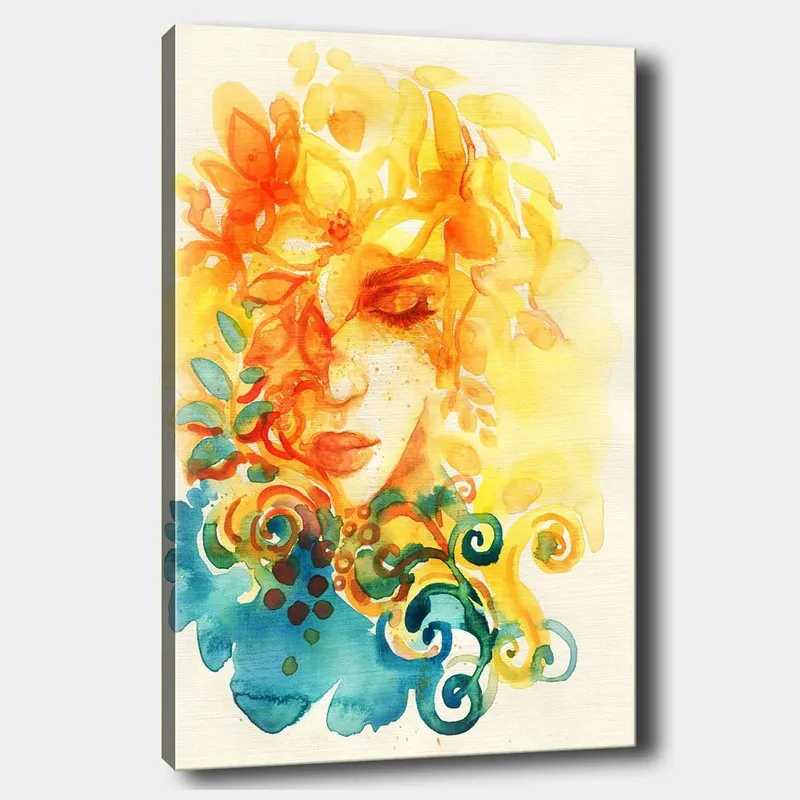 Canvas taulu 70x100 cm - Abstrakti muotokuva naisesta, jolla on keltaisia ja oransseja kukkia ja lehtiä, Keltainen / Oranssi / Sininen