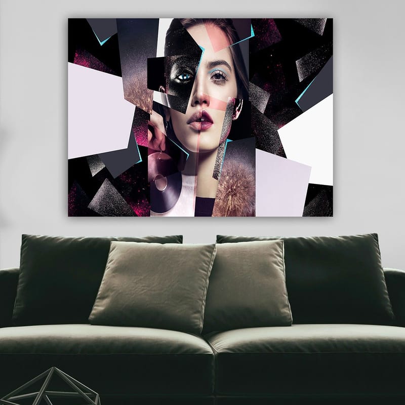 Canvas taulu 70x100 cm - Abstrakti muotokuva naisesta geometrisilla muodoilla ja kontrastiväreillä - Musta / Valkoinen / Vaaleanpunainen - Sisustustuotteet - Taulu & taide - Canvas-taulu