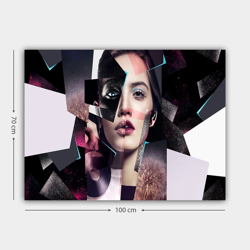 Canvas taulu 70x100 cm - Abstrakti muotokuva naisesta geometrisilla muodoilla ja kontrastiväreillä - Musta / Valkoinen / Vaaleanpunainen - Sisustustuotteet - Taulu & taide - Canvas-taulu