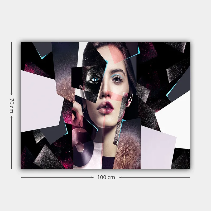 Canvas taulu 70x100 cm - Abstrakti muotokuva naisesta geometrisilla muodoilla ja kontrastiväreillä - Musta / Valkoinen / Vaaleanpunainen - Sisustustuotteet - Taulu & taide - Canvas-taulu