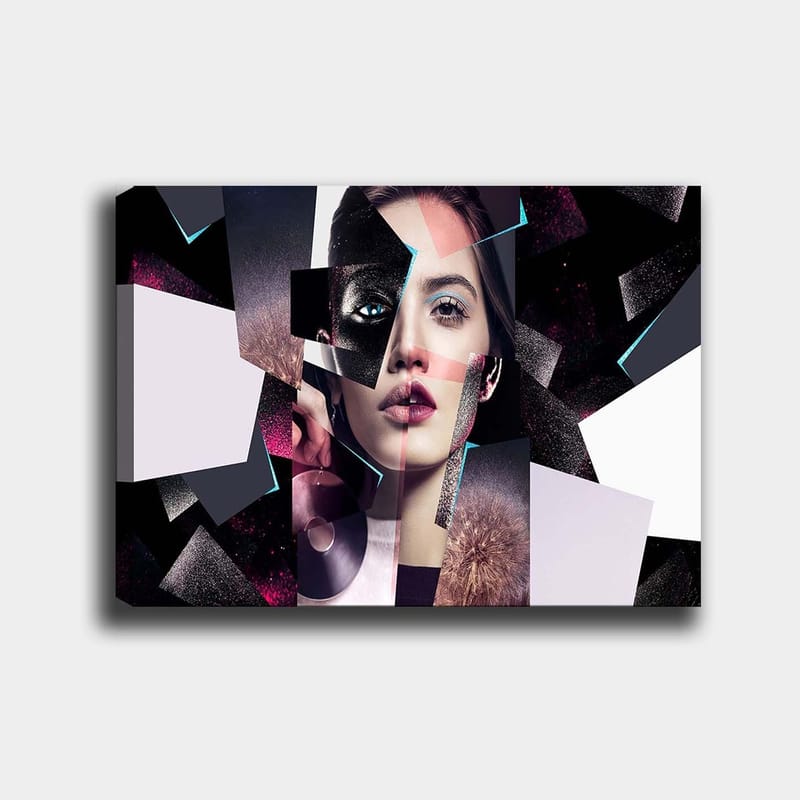 Canvas taulu 70x100 cm - Abstrakti muotokuva naisesta geometrisilla muodoilla ja kontrastiväreillä, Musta / Valkoinen / Vaaleanpunainen