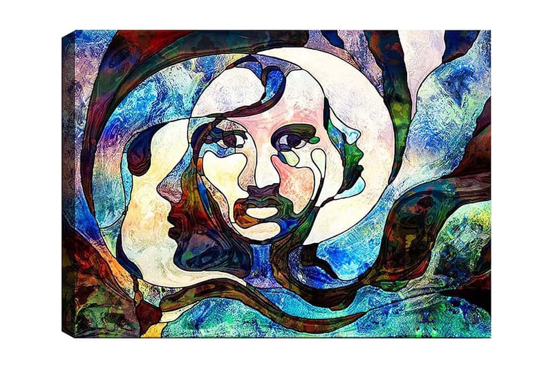 Canvas taulu 70x100 cm - Abstrakti muotokuva naisesta soljuvin linjoin ja värein, Sininen / Vihreä / Punainen