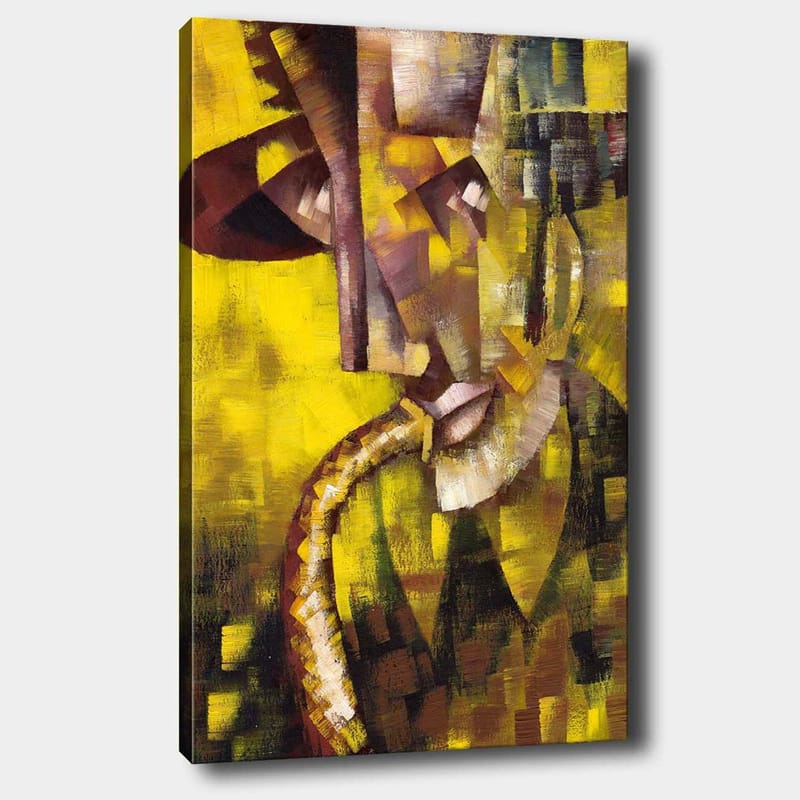 Canvas taulu 70x100 cm - Abstrakti muotokuva saksofonia soittavasta muusikosta, keskittyen kasvojen ja soittimen muotoihin, Keltainen / Ruskea / Musta