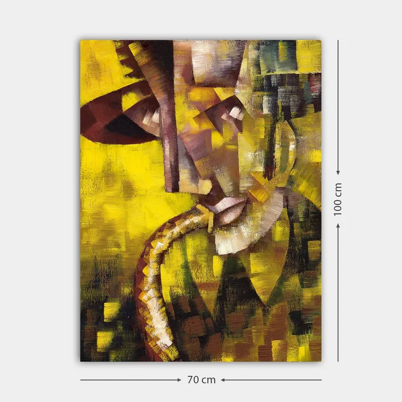 Canvas taulu 70x100 cm - Abstrakti muotokuva saksofonia soittavasta muusikosta, keskittyen kasvojen ja soittimen muotoihin - Keltainen / Ruskea / Musta - Sisustustuotteet - Taulu & taide - Canvas-taulu